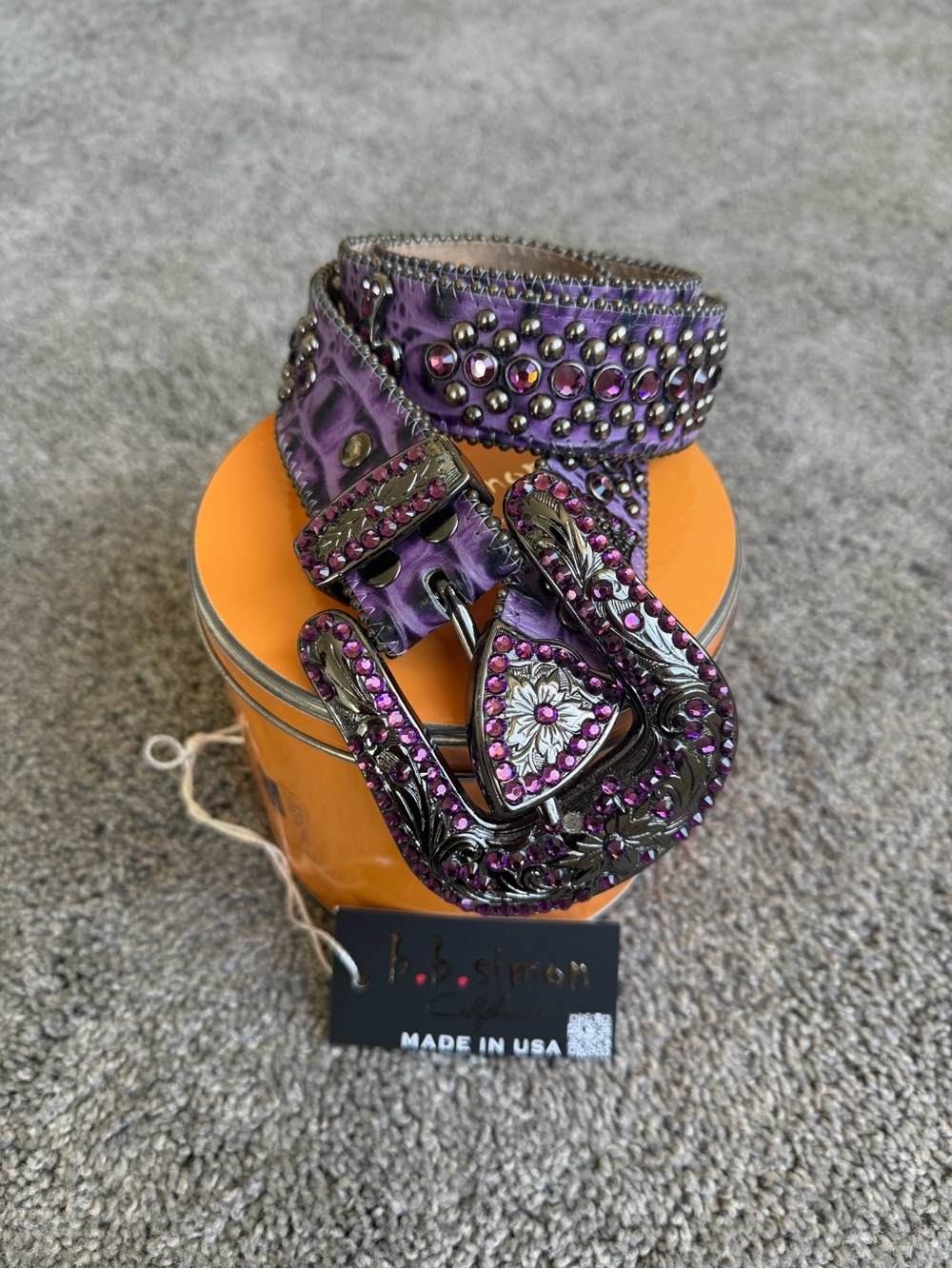 B.B. Simon Purple Crystal Croc Leather Belt Size 32